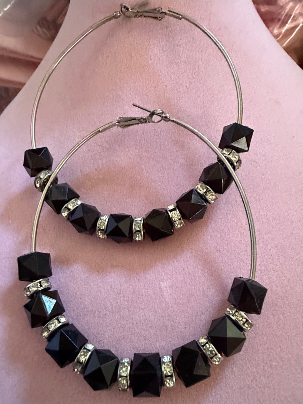 Black Faceted Bead Hoop Earrings with Rhinestone Spacers, 3”, (J0138)
